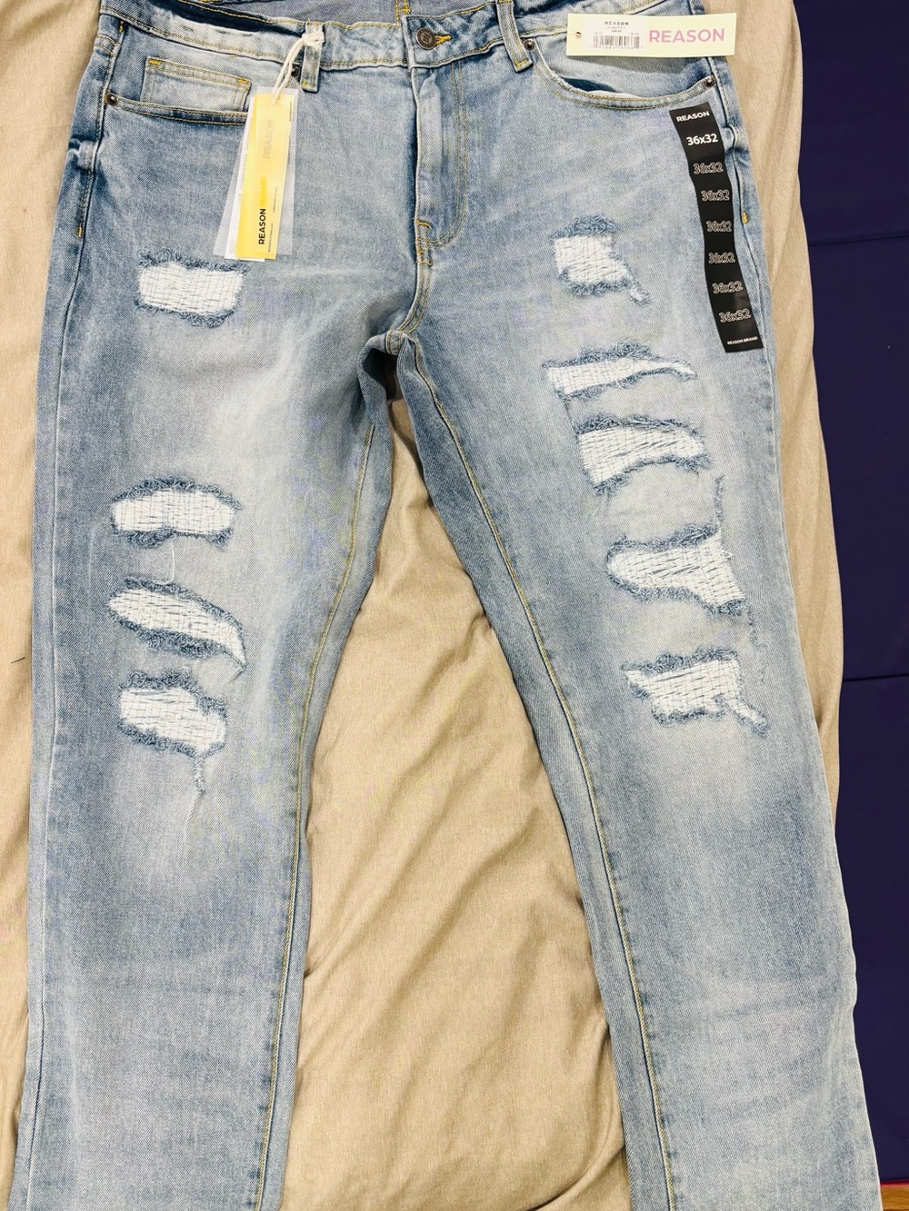 REASON Men’s Light Blue Distressed Jeans, 36x32 Skinny Fit